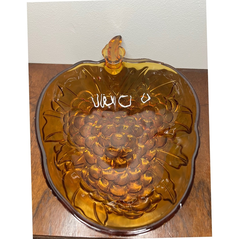Indiana Glass Co Fruit Bowl Amber Glass Grapes & Leaves Vintage Large Dish Boho